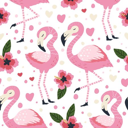 Little flamingo bird vector seamless pattern. Cartoon tropical summer background with pink exotic jungle animal, tropic palm and flowers. Kid illustration.のイラスト素材