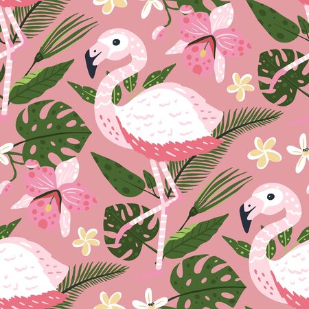 Tropical white flamingo bird seamless summer pattern. Exotic ornate vector wallpaper with pink wild animals and jungle floral illustraions on a pink background.のイラスト素材