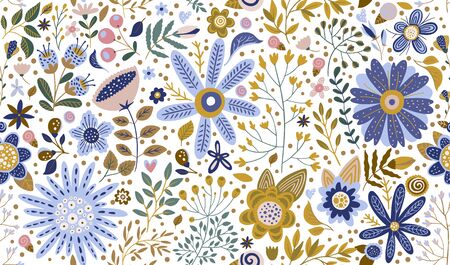 Floral ornate seamless cartoon pattern. Summer vector vintage background. Textured  flower summer illustration. Decorative botanical drawing.のイラスト素材
