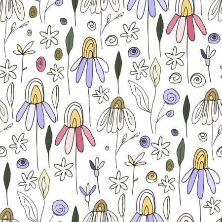 Floral chamomile doodle seamless vector pattern. Flower summer hand drawn background with trendy nature abstract sketch illustration with saving real texture.のイラスト素材
