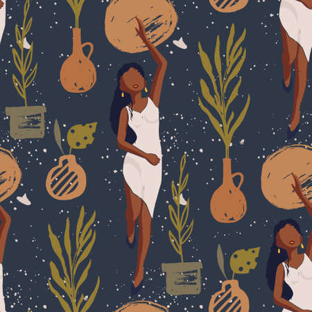 African American Pretty Girl Seamless Vector Pattern. Female Black Beauty Hand Drawn Textured Tropical Summer Illustration of Black Woman. Fashion Background.のイラスト素材