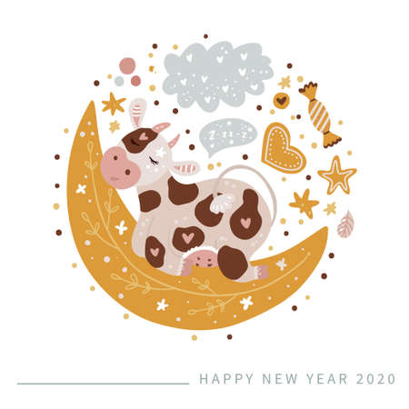 Christmas cute cartoon circle cow dreaming on the moon. Vector illustration. Animal ornate card on white. Perfect for kid apparel print and greeting poster. New Year 2021. Nursery art.のイラスト素材