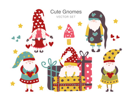 Set of Cute Cartoon Gnomes. Vector.のイラスト素材