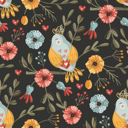 Bird and flower seamless vector pattern. Floral summer ornate folk art cartoon wallpaper ornament. Love romantic print.のイラスト素材
