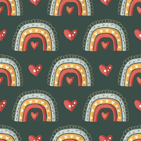 Baby shower cute rainbow seamless pattern with hearts on dark green. Modern kid illustrations. Nursery baby abstract art with childish elements.のイラスト素材