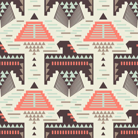 Native American eagle bird seamless pattern. Aztec Navajo tribe Indian art. Peru geometric vector background. Mexico motif.のイラスト素材