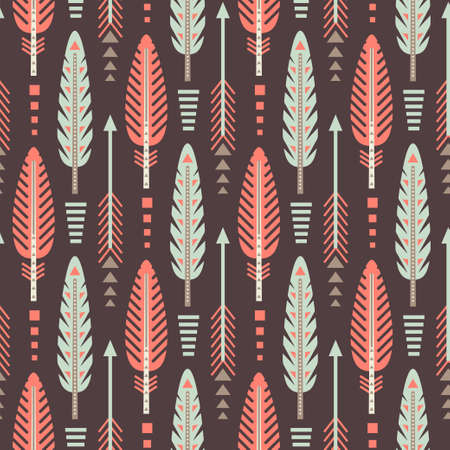 Native American feather seamless pattern. Aztec navajo tribe indian art. Peru geometric vector background. Mexico motif.のイラスト素材