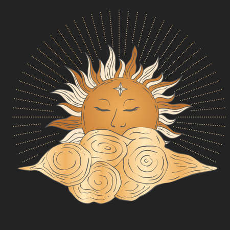 Celestial sun and cloud star golden vector. Sacred dreaming astrology boho esoteric card art.のイラスト素材