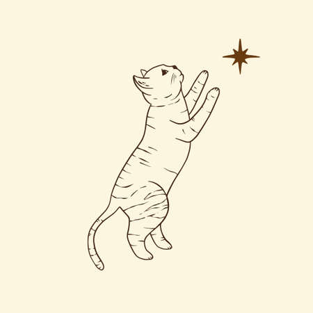 Celestial cute jumping cat sacred astrology boho esoteric line art.のイラスト素材