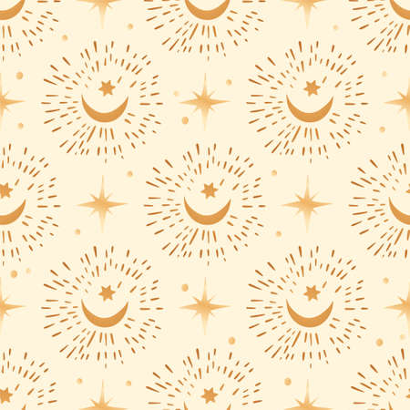 Celestial universe moon star seamless golden pattern decor decoration shine science space cartoon fabric background.のイラスト素材