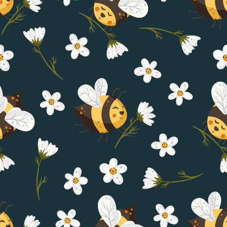 Cartoon bee cute vector seamless pattern. Festive insect and daisy flower summer kids wallpaper design.のイラスト素材