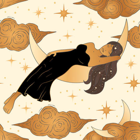 Celestial African American woman and moon esoteric golden seamless pattern. Boho astronomy astrology lunar magic background.のイラスト素材