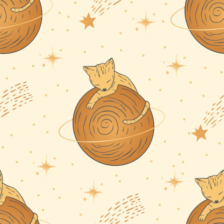 Celestial cat animal saturn space planet seamless pattern design. Vector astrology boho esoteric gold and magic fantasy background.のイラスト素材