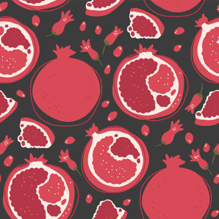 Cartoon pomegranate summer fruit seamless pattern background. Cute sweet food fresh nature kids wallpaper design. Vector print graphic illustration.のイラスト素材