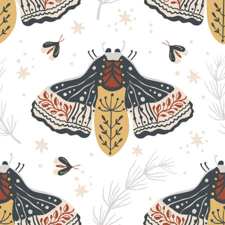 Boho butterfly seamless pattern on a white background. Summer moth wallpaper illustration. Retro vintage fashion hand drawn nature ornament.のイラスト素材