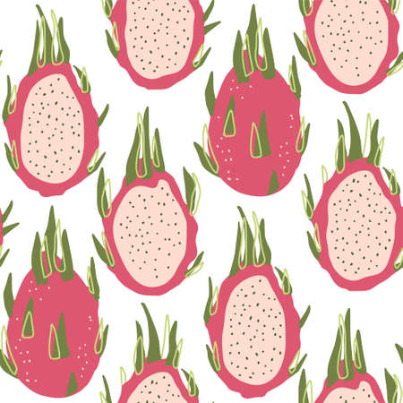 Cartoon dragon fruit summer fruit seamless pattern background. Cute sweet pitaya food fresh nature kids wallpaper design. Vector print graphic illustration.のイラスト素材