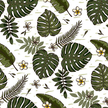 Monstera leaf and flower vector seamless pattern background. Tropical palm textile wallpaper, nature print design.のイラスト素材