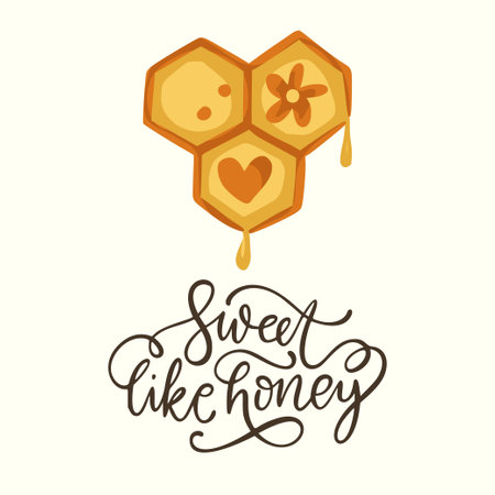 Honeycomb bee cute card lettering text quote design. Typography cartoon vector pattern. Sweet like honey.のイラスト素材