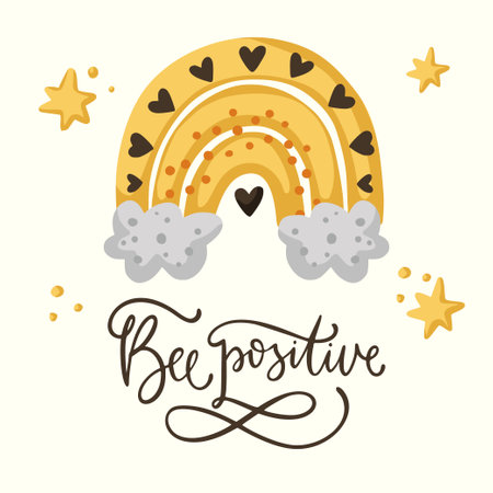 Yellow rainbow cute kids vector card. Love boho poster design. Greeting graphic baby art. be positive.のイラスト素材