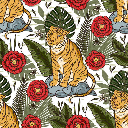 Jungle tiger exotic tropical seamless pattern with rose flower. Animal floral nature fabric illustration. Textile monstera palm leaf tropic print design.のイラスト素材