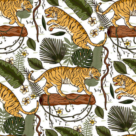 Jungle tiger exotic tropical seamless pattern. Animal floral nature fabric illustration. Textile vine and monstera palm leaf tropic print design.のイラスト素材