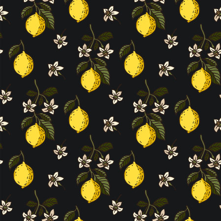 Lemon fruit tropical seamless pattern on a black background. Yellow vector wallpaper illustration, nature print leaf decoration.のイラスト素材