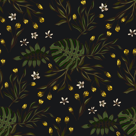 Tropical yellow flower seamless pattern on a black background. Meadow floral textile design. Summer fabric wallpaper.のイラスト素材