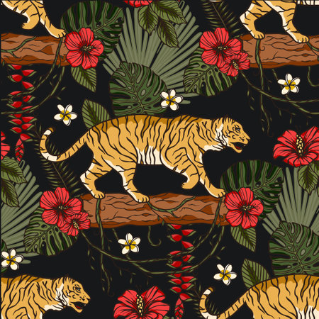 Exotic tropical animal wild tiger seamless pattern with hibiscus rose and heliconia flower. Wildlife nature jungle art on a black background. Tropic zoo print illustration. New year 2022のイラスト素材