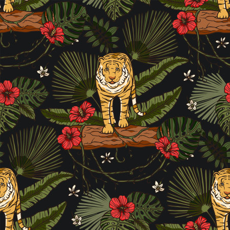 Exotic tropical animal wild tiger seamless pattern with hibiscus rose flower. Wildlife nature jungle art on a black background. New year, Christmas 2022.のイラスト素材