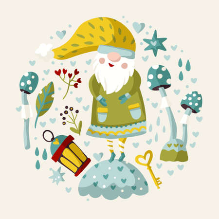 Vector cute colorful illustration of garden gnome with heart and flower. Cartoon elf kid illustration for print. Valentines and Christmas design. Fantasy round ornate drawingのイラスト素材