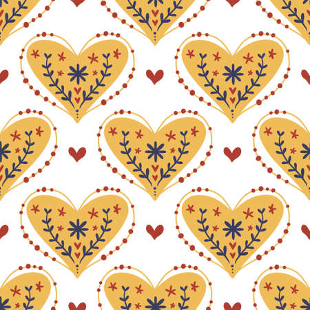 Hearts seamless vector pattern. Ornate romantic boho valentine background with flower. Valentines day floral texture design.のイラスト素材