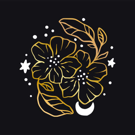 Vector boho flower celestial icon - star and moon gold logoのイラスト素材