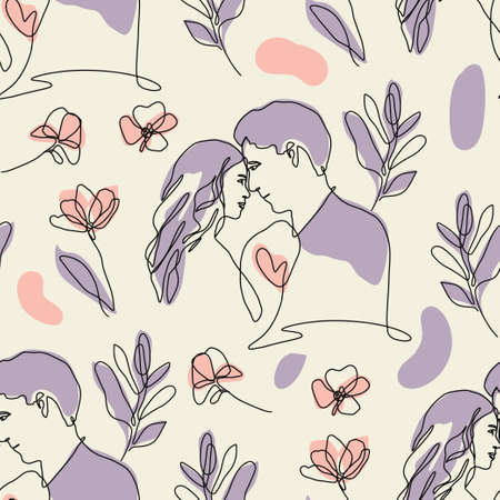 Couple love kiss, Valentines day seamless pattern with woman and manのイラスト素材