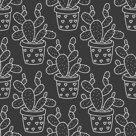 Seamless succulent and cactus plants seamless pattern. Vector tropical illustration of desert flowers in a pot. Hand drawn line doodle nature print. Black and white art,のイラスト素材
