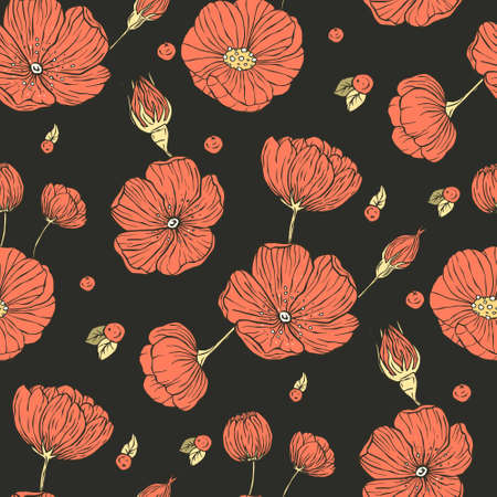 Vintage rose floral boho seamless pattern. Ornate red poppy garden artのイラスト素材