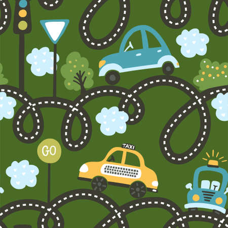Cute cartoon car seamless pattern - baby boy backgroundのイラスト素材