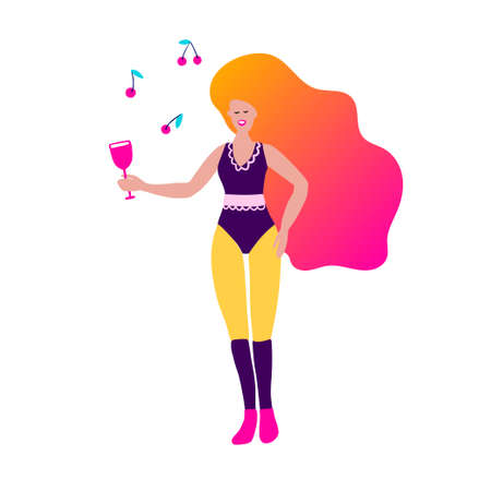 80s retro party clip art. Cartoon character cocktail drink and woman vector card.のイラスト素材
