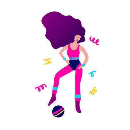 80s girl doing aerobic exercise, woman vector cartoon party character.