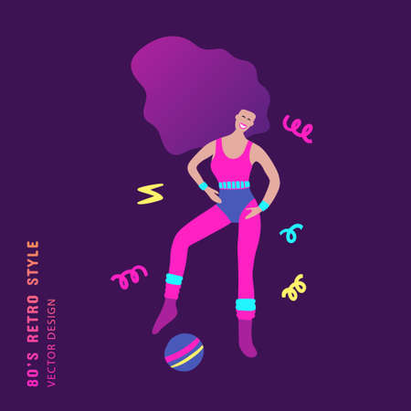 80s retro party aerobic woman clip art. Cartoon character human vector card.