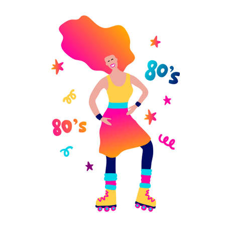 80s girl with roller skates vector cartoon party character. Vector woman illustrationのイラスト素材
