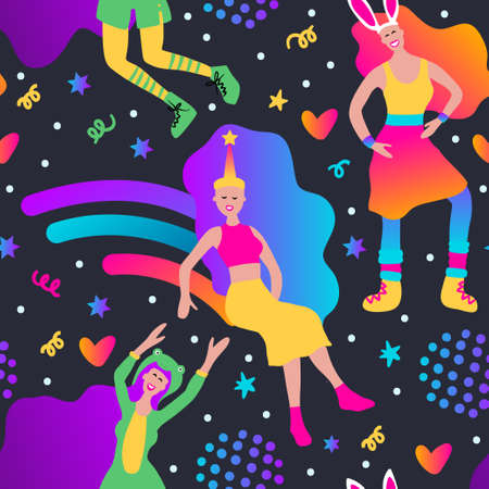 prank pajama party 80s human vector seamless pattern. Cartoon illustrationのイラスト素材