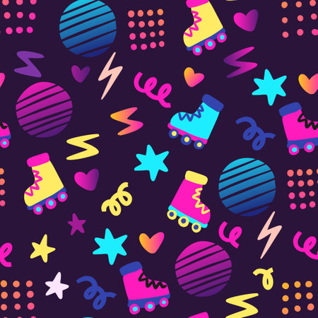 Party cool roller skates 80s styled seamless pattern. Vector.のイラスト素材