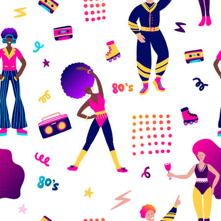Tape recorder radio music party seamless pattern 80s illustration.のイラスト素材