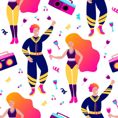People disco party seamless vector girl and boy pattern. 80s flat woman and man backgroundのイラスト素材