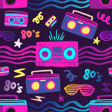 Retro record player music seamless pattern. Tape recorder 80s cassette purple backgroundのイラスト素材
