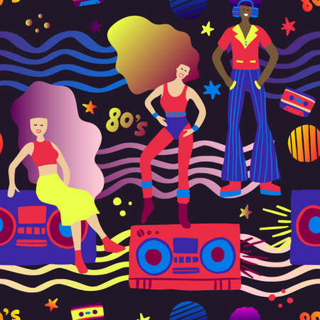 Tape recorder radio seamless pattern 80s illustration. Girl and boy music partyのイラスト素材