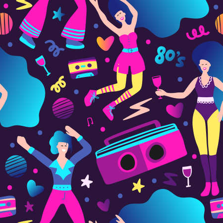 Tape recorder radio seamless pattern 80s illustration. Girl and boy music partyのイラスト素材