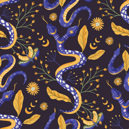 Snake and floral leaves celestial seamless vector pattern. Night magic backgroundのイラスト素材