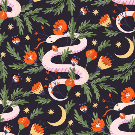 Snake poppy flower and moon celestial seamless vector pattern. Floral magic backgroundのイラスト素材