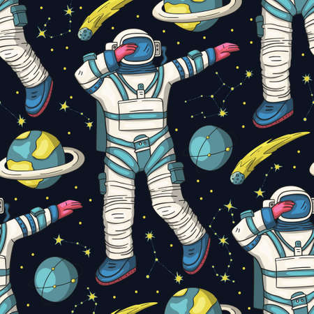 Astronaut cosmos galaxy universe science cosmic space seamless vector patternのイラスト素材